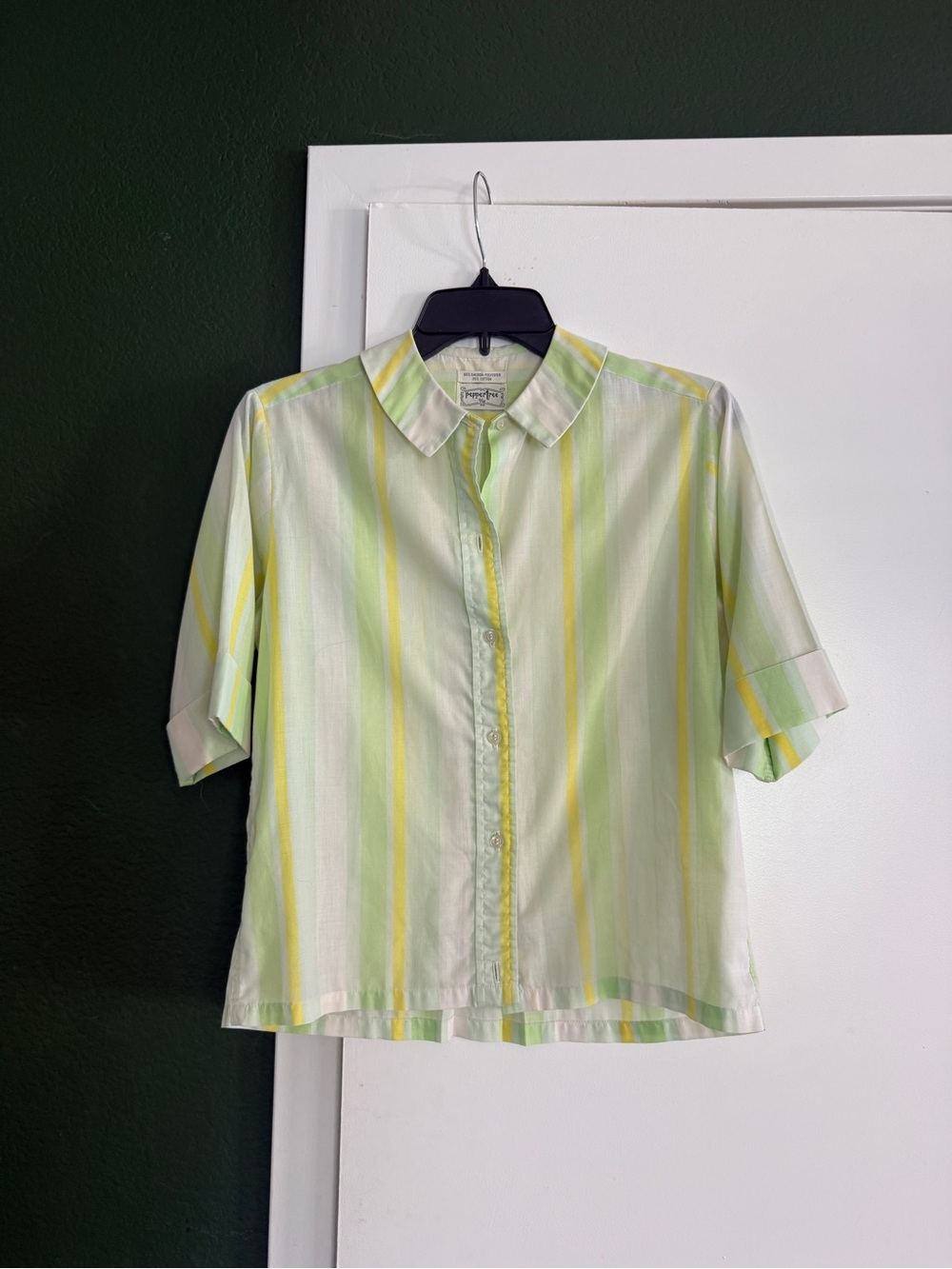 Vintage Light Green & Yellow Striped Short Sleeve Button-Down Shirt